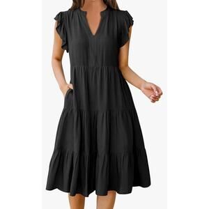 Womens Summer Dress Ruffle Sleeve V Neck Midi Dresses
